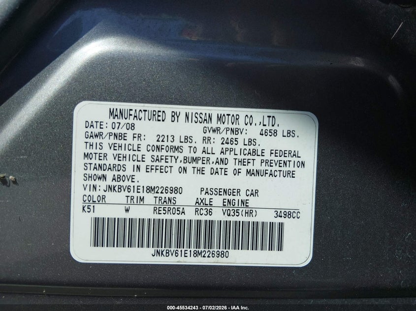 2008 Infiniti G35 VIN JNKBV61E18M226980 IAAI salvage auction — FRONT END, Salvage (California), sold $200 on 2026-07-20 (photo 9)