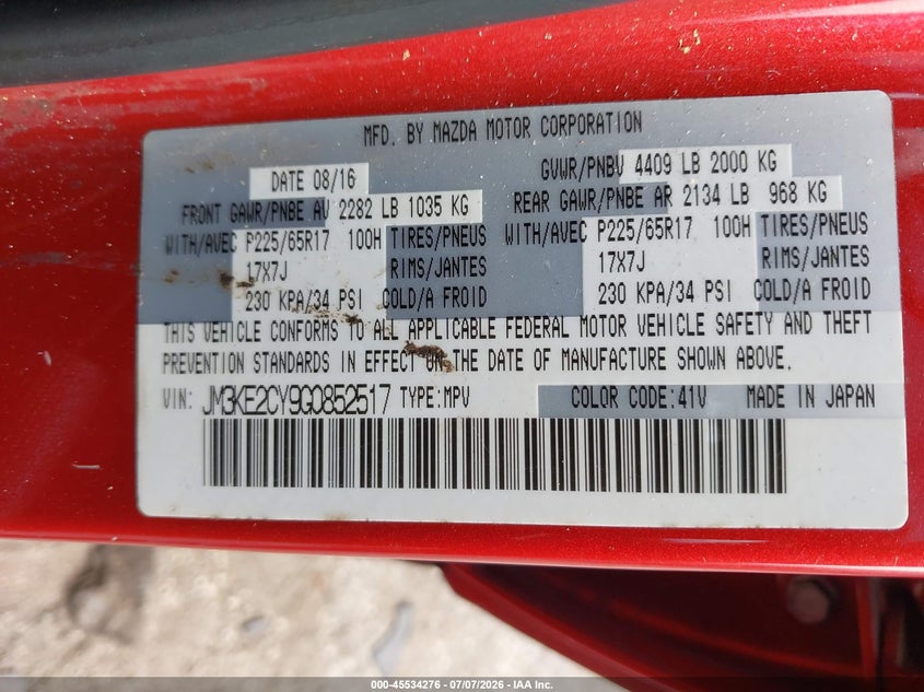 2016 Mazda Cx-5 VIN JM3KE2CY9G0852517 IAAI salvage auction — REAR END, Rebuildable (Florida), sold $2,350 on 2026-07-29 (photo 9)