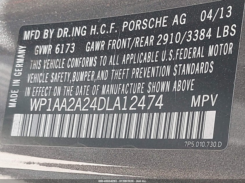 2013 Porsche Cayenne VIN WP1AA2A24DLA12474 IAAI salvage auction — SIDE, Salvage (Texas), sold $25 on 2026-07-28 (photo 9)
