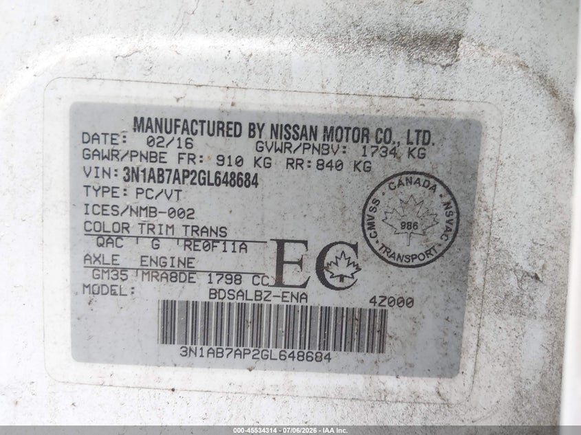 2016 Nissan Sentra VIN 3N1AB7AP2GL648684 IAAI salvage auction — REAR END, Salvage (Connecticut), sold $800 on 2026-07-12 (photo 9)
