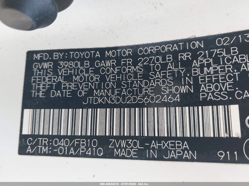 2013 Toyota Prius VIN JTDKN3DU2D5602464 IAAI salvage auction — NORMAL WEAR, Clear - Dealer Only (California), sold $1,875 on 2026-07-29 (photo 9)