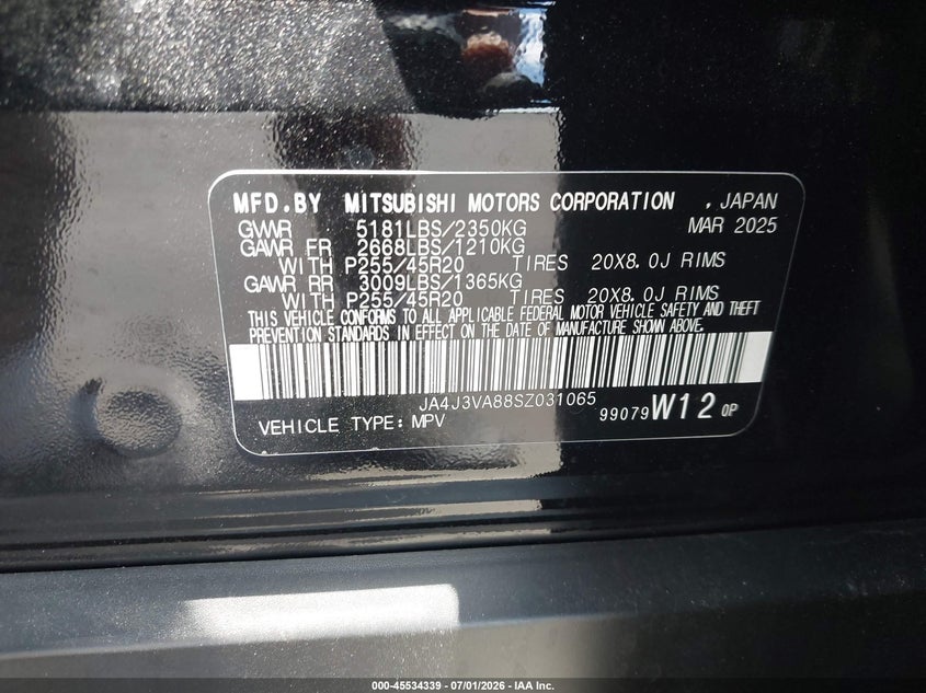 2025 Mitsubishi Outlander VIN JA4J3VA88SZ031065 IAAI salvage auction — RIGHT FRONT, Salvage Title, sold $6,600 on 2026-07-29 (photo 9)