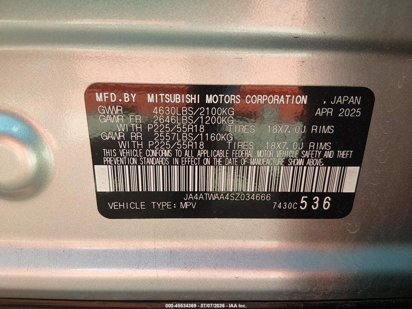 2025 Mitsubishi Eclipse cross VIN JA4ATWAA4SZ034666 IAAI salvage auction — REAR END, Enterprise Vehicles Clear Only (Ohio), sold $12,550 on 2026-07-13 (photo 9)