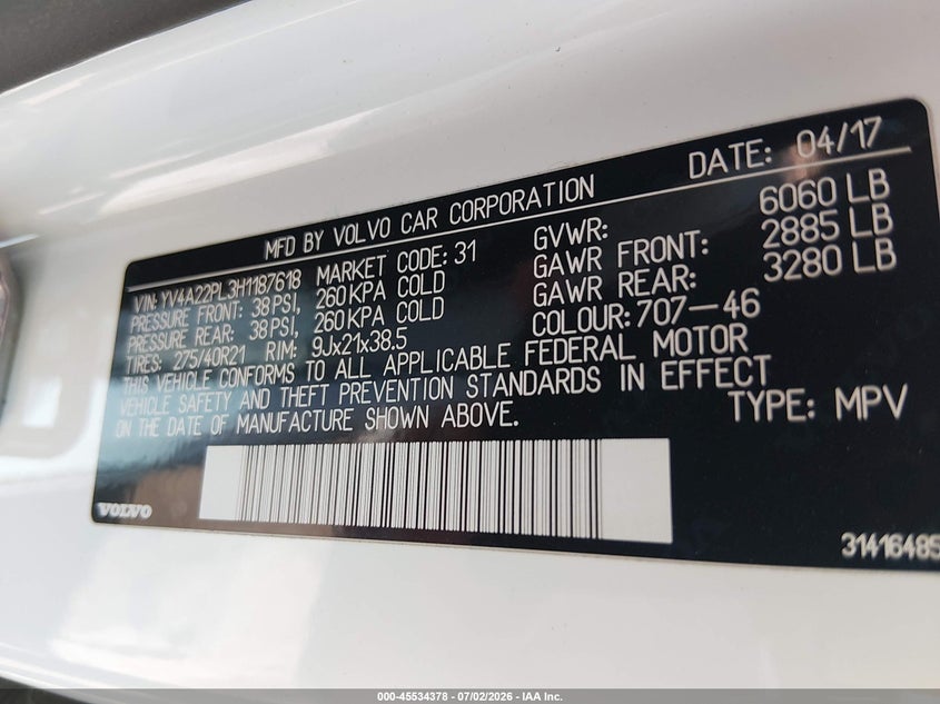 2017 Volvo Xc90 VIN YV4A22PL3H1187618 IAAI salvage auction — FRONT END, Salvage (Texas), sold $7,100 on 2026-09-01 (photo 9)