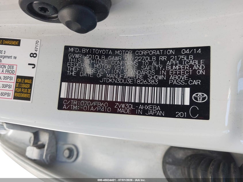 2014 Toyota Prius VIN JTDKN3DU3E1826383 IAAI salvage auction — FRONT & REAR, Salvage Title, sold $2,350 on 2026-07-30 (photo 9)
