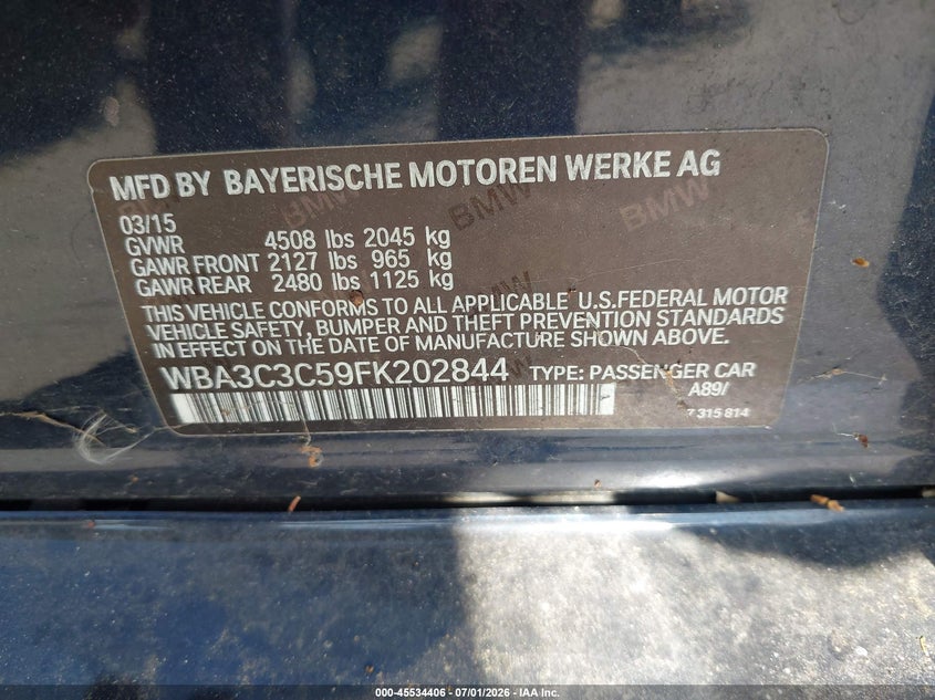 2015 BMW 3 series VIN WBA3C3C59FK202844 IAAI salvage auction — NORMAL WEAR, Clear (Connecticut), sold $725 on 2026-07-29 (photo 9)