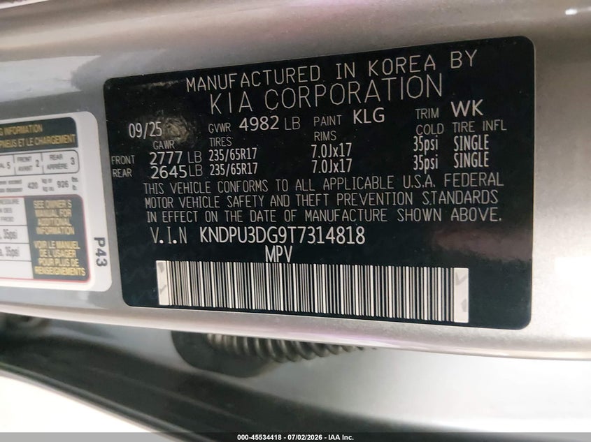 2026 Kia Sportage VIN KNDPU3DG9T7314818 IAAI salvage auction — LEFT SIDE, Clear (Florida), sold $19,050 on 2026-07-14 (photo 9)