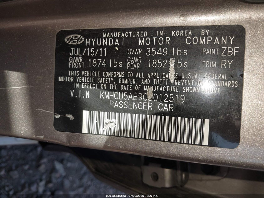 2012 Hyundai Accent VIN KMHCU5AE9CU012519 IAAI salvage auction — NORMAL WEAR, Clear (New York), sold $450 on 2026-07-21 (photo 9)