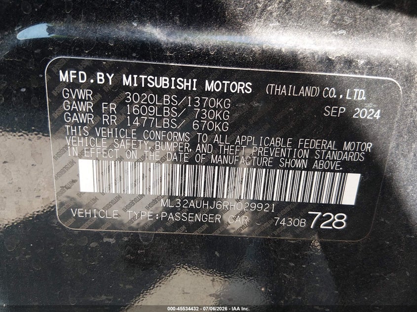 2024 Mitsubishi Mirage VIN ML32AUHJ6RH029921 IAAI salvage auction — FRONT END, Enterprise Vehicles Clear Only (Florida), sold $7,500 on 2026-07-13 (photo 9)