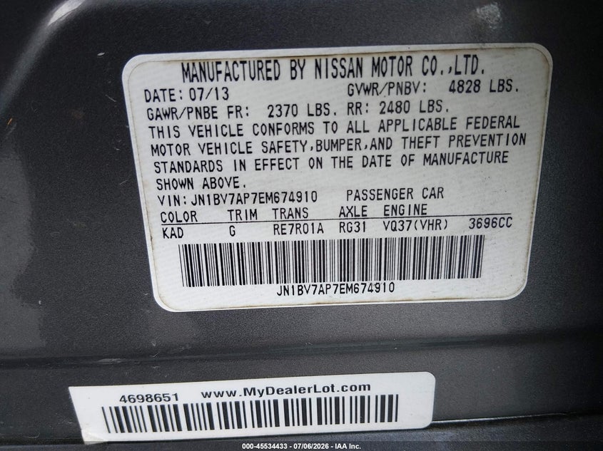 2014 Infiniti Q50 VIN JN1BV7AP7EM674910 IAAI salvage auction — NORMAL WEAR, Reconstructed (Louisiana), sold $600 on 2026-07-20 (photo 9)