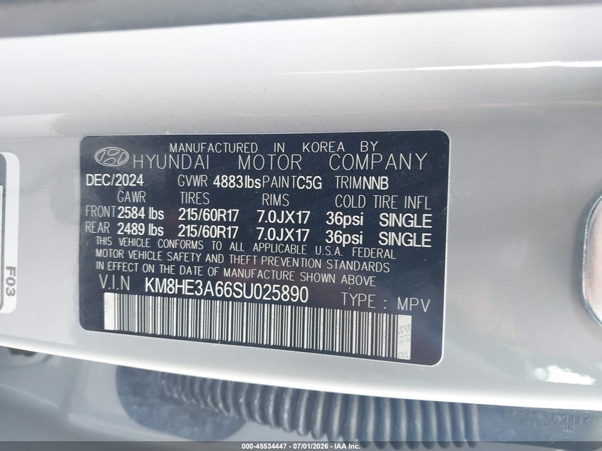 2025 Hyundai Kona VIN KM8HE3A66SU025890 IAAI salvage auction — SIDE, Salvage Title, sold $8,200 on 2026-08-02 (photo 9)