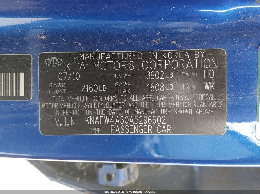 2010 Kia Forte VIN KNAFW4A30A5296602 IAAI salvage auction — NORMAL WEAR, Clear - Dealer Only (California), sold $200 on 2026-07-29 (photo 9)
