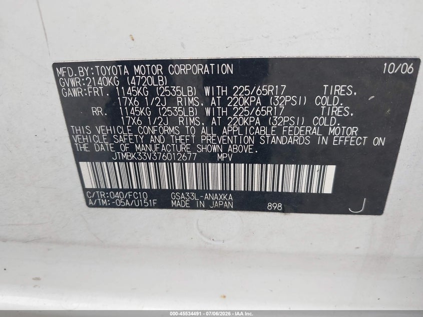 2007 Toyota Rav4 VIN JTMBK33V376012677 IAAI salvage auction — FRONT END, Original (Ohio), sold $625 on 2026-07-14 (photo 9)