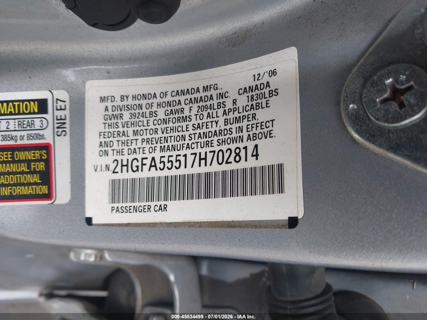 2007 Honda Civic VIN 2HGFA55517H702814 IAAI salvage auction — LEFT SIDE, Salvage Certificate (California), sold $2,200 on 2026-07-19 (photo 9)