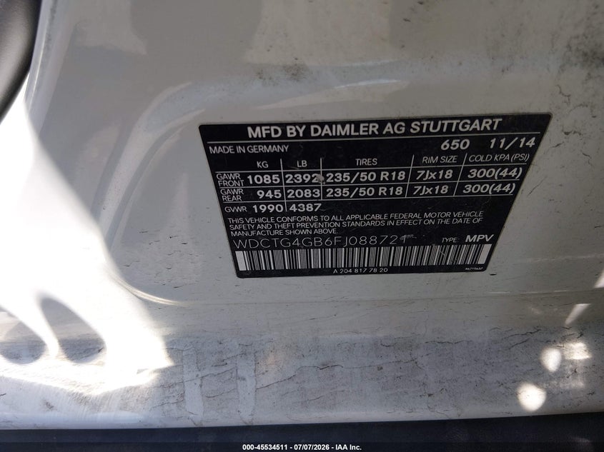 2015 Mercedes-benz Gla-klasse VIN WDCTG4GB6FJ088721 IAAI salvage auction — FRONT END, Salvage Title, sold $1,500 on 2026-08-14 (photo 9)