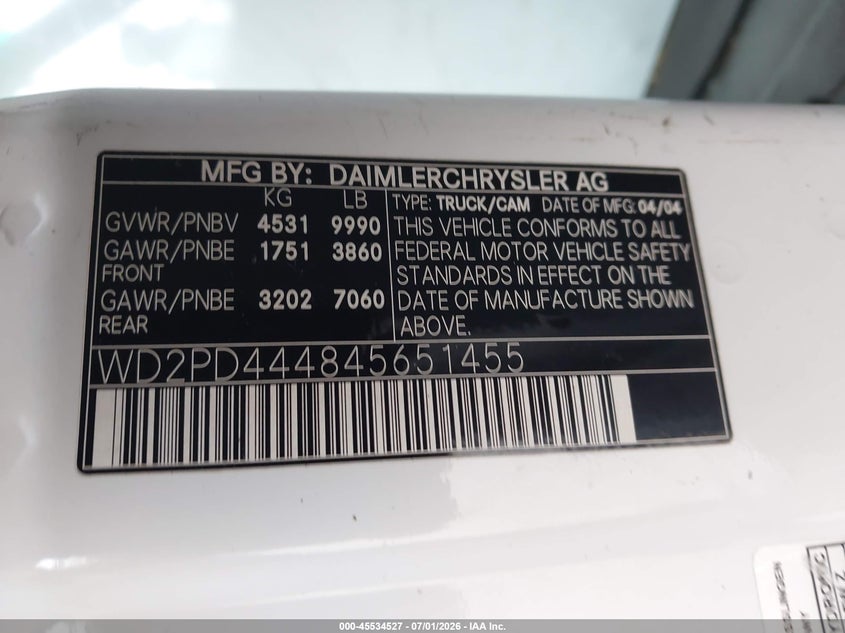 2004 Dodge Sprinter VIN WD2PD444845651455 IAAI salvage auction — NORMAL WEAR, Clear (Washington), sold $1,850 on 2026-07-15 (photo 9)
