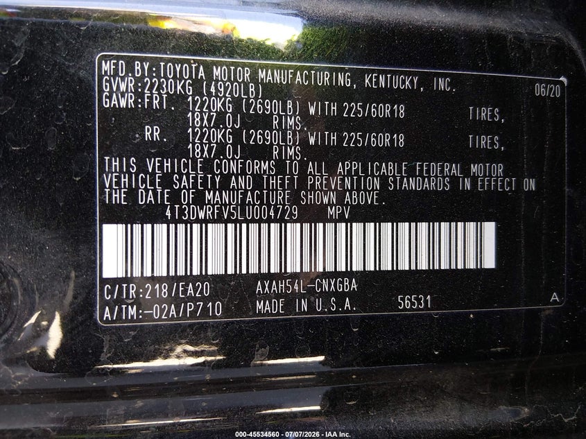 2020 Toyota Rav 4 VIN 4T3DWRFV5LU004729 IAAI salvage auction — REAR END, Salvage Title, sold $12,900 on 2026-07-31 (photo 9)