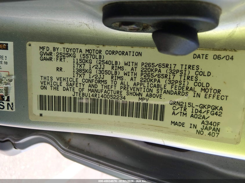 2004 Toyota 4runner VIN JTEBU14R140052234 IAAI salvage auction — NORMAL WEAR, Clear (New Jersey), sold $1,950 on 2026-07-13 (photo 9)