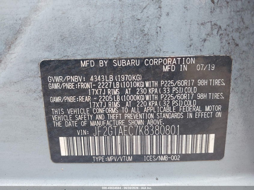 2019 Subaru Xv VIN JF2GTAEC7K8380801 IAAI salvage auction — NORMAL WEAR, Clear (Hawaii), sold $8,100 on 2026-07-14 (photo 9)