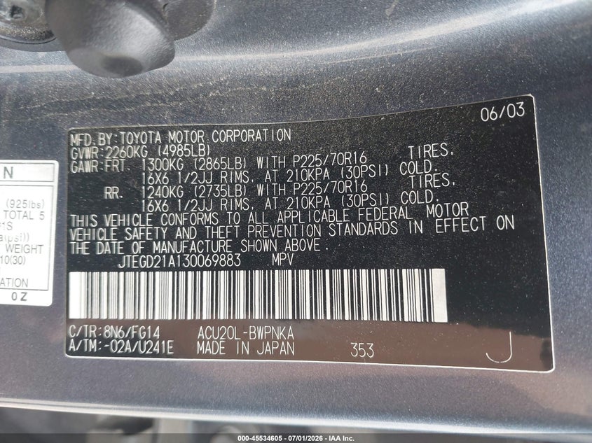 2003 Toyota Highlander VIN JTEGD21A130069883 IAAI salvage auction — NORMAL WEAR, Clear - Dealer Only (California), sold $375 on 2026-07-28 (photo 9)