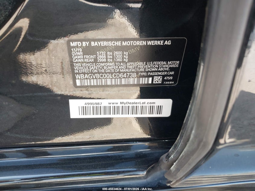 2020 BMW 8er VIN WBAGV8C00LCD64738 IAAI salvage auction — LEFT FRONT, Salvage (Texas), sold $7,100 on 2026-09-14 (photo 9)
