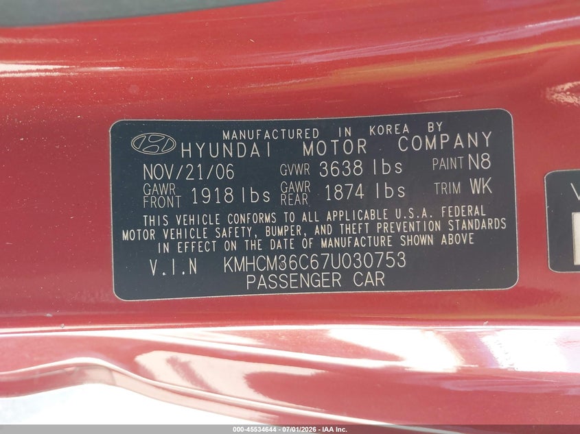 2007 Hyundai Accent VIN KMHCM36C67U030753 IAAI salvage auction — SIDE, Salvage (Texas), sold $125 on 2026-07-23 (photo 9)