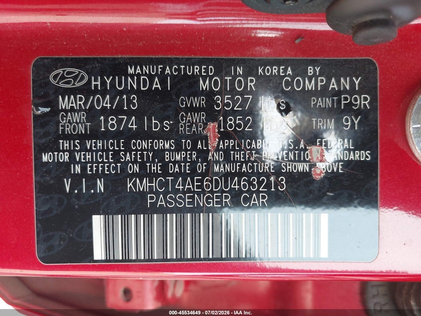 2013 Hyundai Accent VIN KMHCT4AE6DU463213 IAAI salvage auction — RIGHT SIDE, Salvage (California), sold $750 on 2026-07-29 (photo 9)