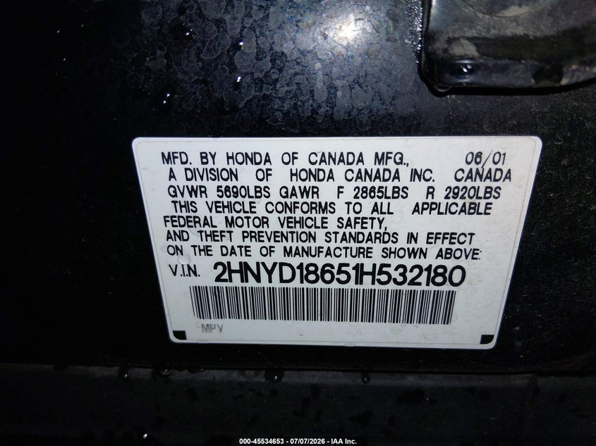 2001 Acura Mdx VIN 2HNYD18651H532180 IAAI salvage auction — FRONT END, Salvage (Idaho), sold $25 on 2026-07-24 (photo 9)