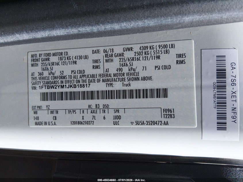 2018 Ford Transit-350 VIN 1FTBW2YM1JKB18817 IAAI salvage auction — NORMAL WEAR, Sf97 (New Mexico), sold $17,475 on 2026-09-02 (photo 9)