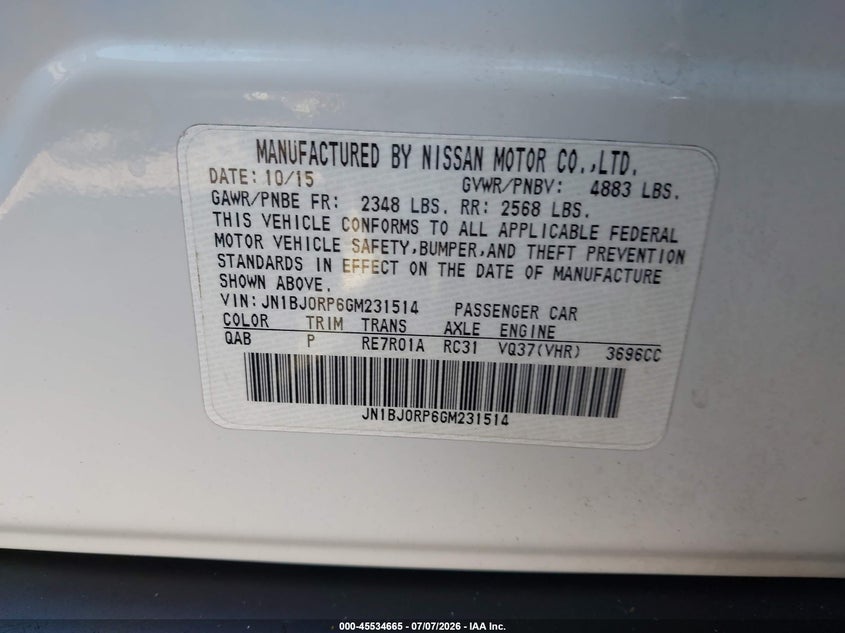 2016 Infiniti Qx50 VIN JN1BJ0RP6GM231514 IAAI salvage auction — FRONT END, Wait Title, sold $1,075 on 2026-08-21 (photo 9)