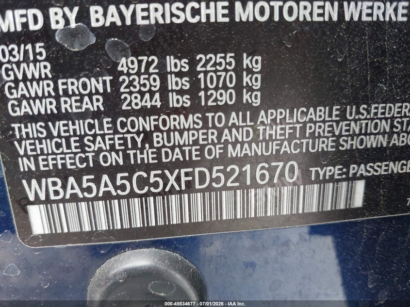 2015 BMW 5er VIN WBA5A5C5XFD521670 IAAI salvage auction — NORMAL WEAR, Clear - Dealer Only (California), sold $625 on 2026-07-15 (photo 9)