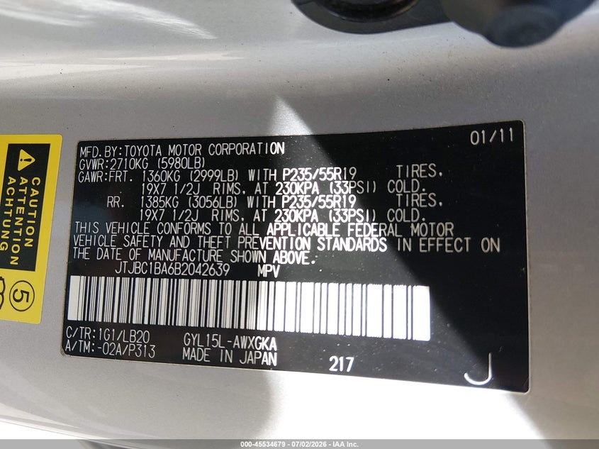 2011 Lexus Rx 450h VIN JTJBC1BA6B2042639 IAAI salvage auction — FRONT END, Salvage (Texas), sold $3,575 on 2026-08-22 (photo 9)