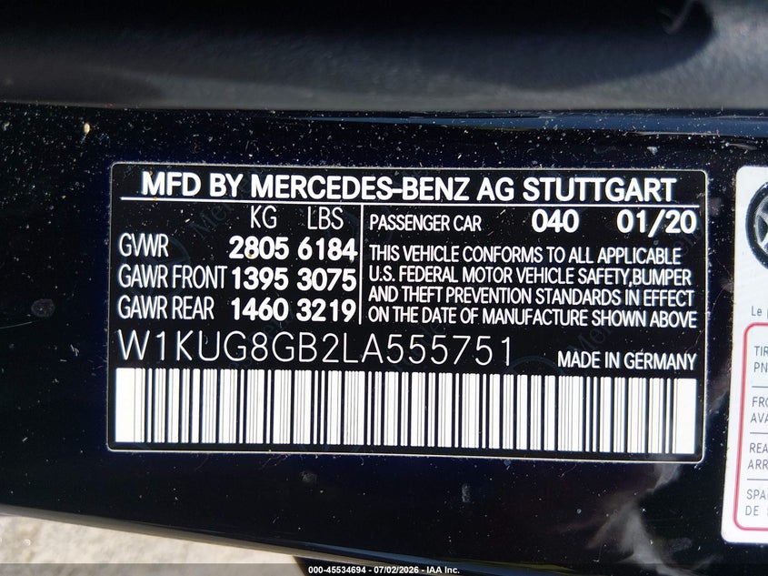 2020 Mercedes-benz S-klasse VIN W1KUG8GB2LA555751 IAAI salvage auction — UNDERCARRIAGE, Salvage (Connecticut), sold $12,600 on 2026-08-24 (photo 9)