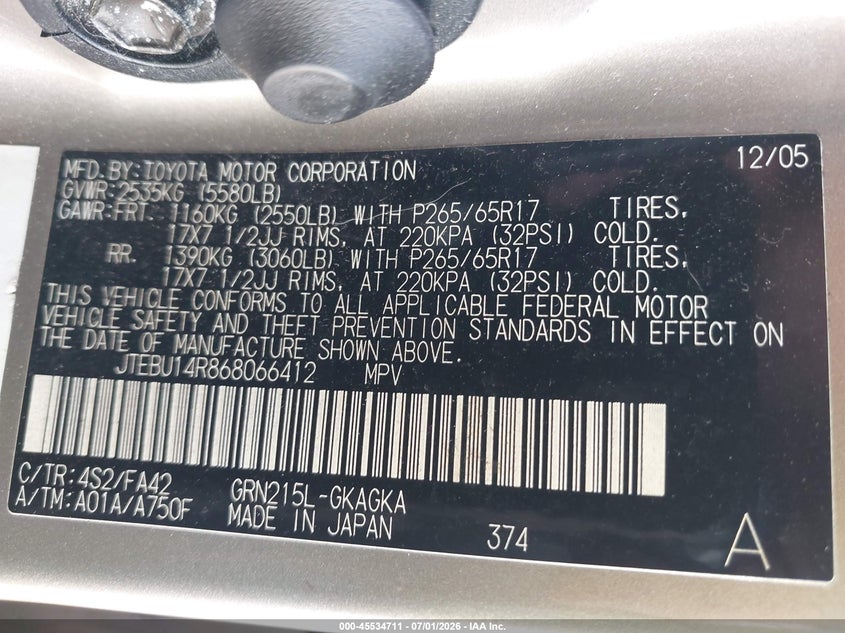 2006 Toyota 4runner VIN JTEBU14R868066412 IAAI salvage auction — LEFT FRONT, Clear (Indiana), sold $2,200 on 2026-07-28 (photo 9)