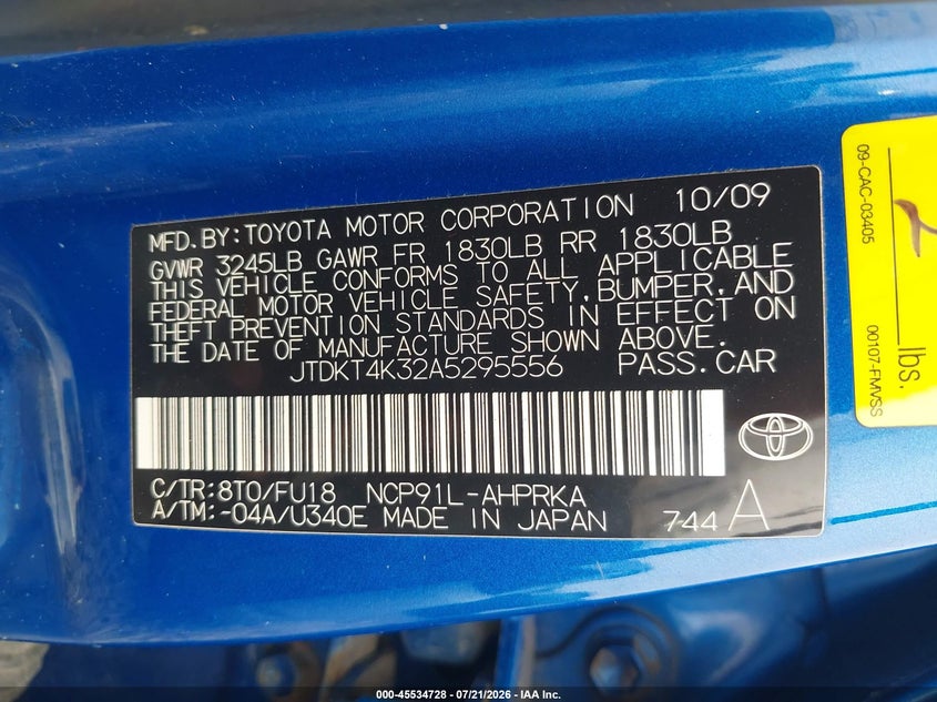 2010 Toyota Yaris VIN JTDKT4K32A5295556 IAAI salvage auction — REAR END, Salvage (Idaho), sold $925 on 2026-07-31 (photo 9)
