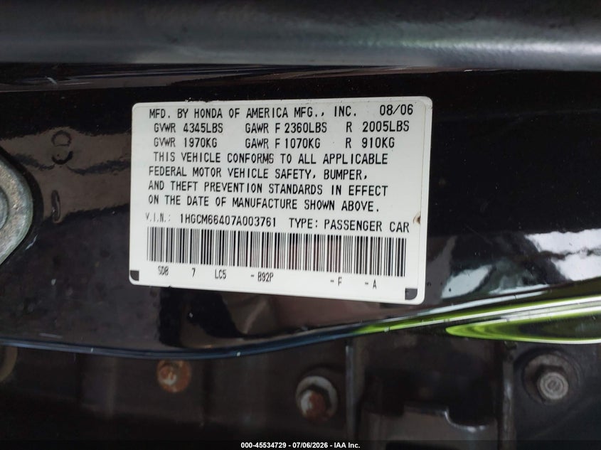 2007 Honda Accord VIN 1HGCM66407A003761 IAAI salvage auction — RIGHT FRONT, Clear (Massachusetts), sold $350 on 2026-07-09 (photo 9)