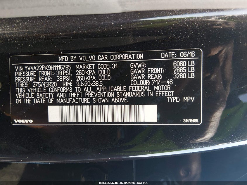 2017 Volvo Xc90 VIN YV4A22PK9H1116785 IAAI salvage auction — NORMAL WEAR, Clear (Delaware), sold $4,200 on 2026-07-30 (photo 9)