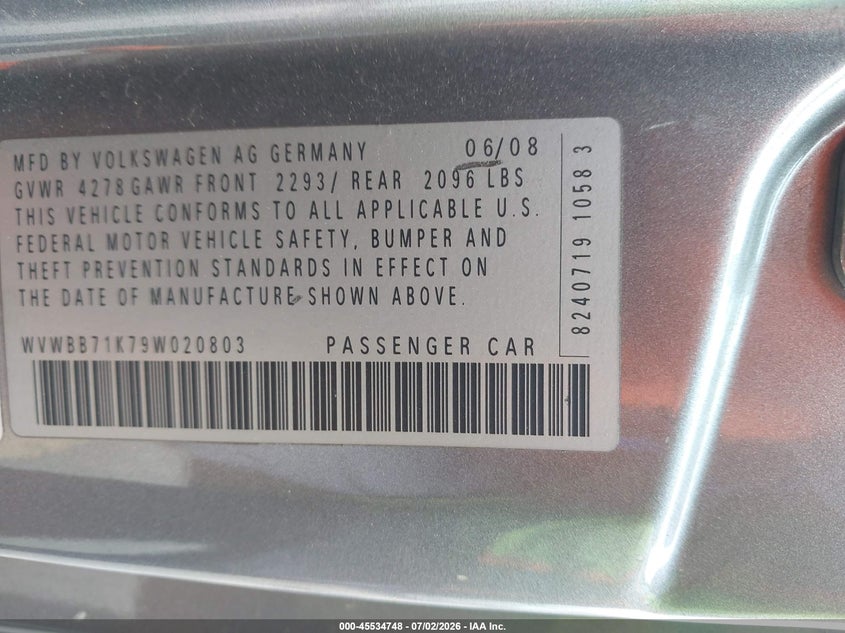 2009 Volkswagen Rabbit VIN WVWBB71K79W020803 IAAI salvage auction — FRONT END, Salvage (California), sold $325 on 2026-07-14 (photo 9)