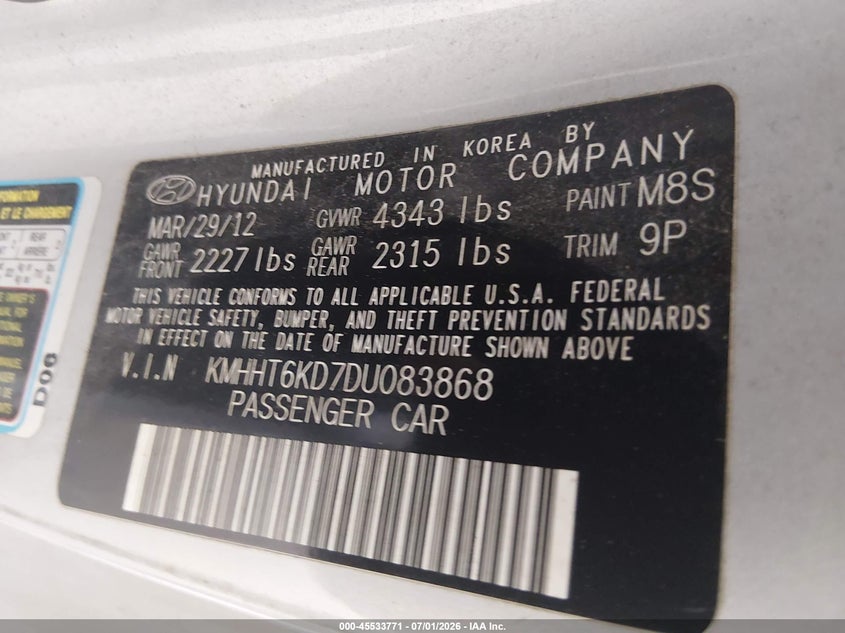 2013 Hyundai Genesis VIN KMHHT6KD7DU083868 IAAI salvage auction — NORMAL WEAR, Original (Texas), sold $400 on 2026-07-28 (photo 9)