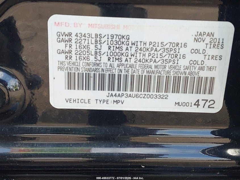 2012 Mitsubishi Outlander sport VIN JA4AP3AU6CZ003322 IAAI salvage auction — NORMAL WEAR, Clear (Florida), sold $725 on 2026-07-14 (photo 9)