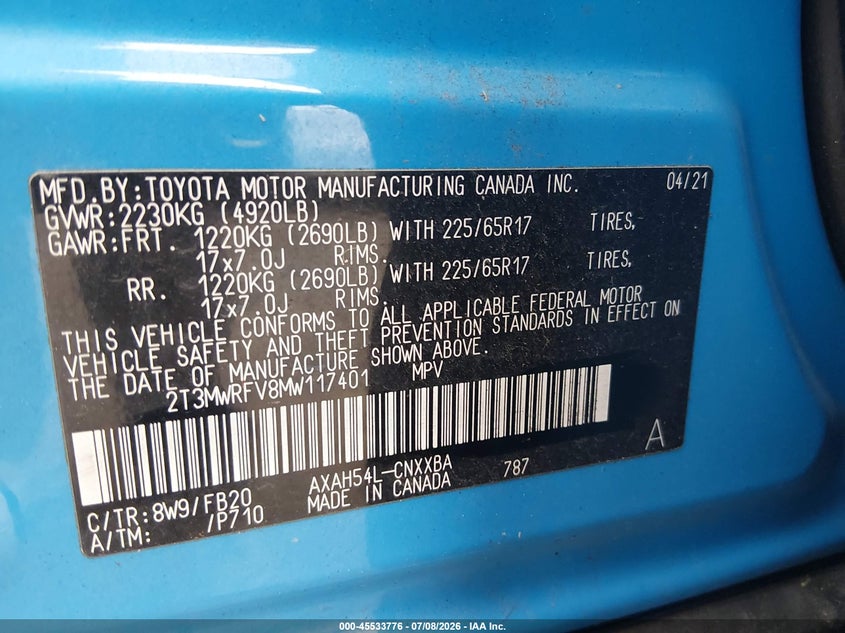 2021 Toyota Rav 4 VIN 2T3MWRFV8MW117401 IAAI salvage auction — REAR END, Clear (Washington), sold $3,050 on 2026-07-29 (photo 9)