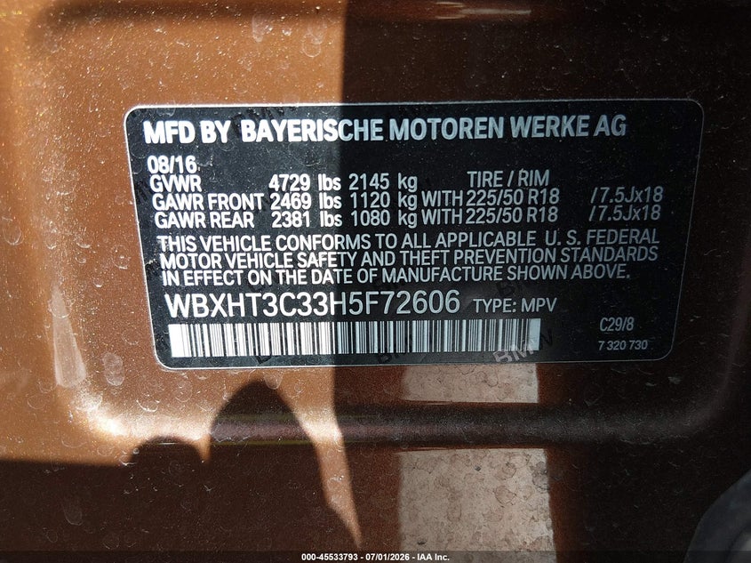2017 BMW X1 VIN WBXHT3C33H5F72606 IAAI salvage auction — REAR END, Salvage (North Carolina), sold $3,100 on 2026-07-29 (photo 9)