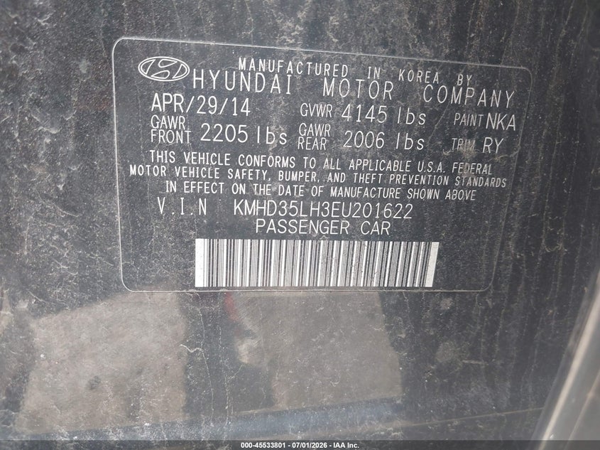 2014 Hyundai Elantra VIN KMHD35LH3EU201622 IAAI salvage auction — NORMAL WEAR, Clear (Kansas), sold $525 on 2026-07-15 (photo 9)