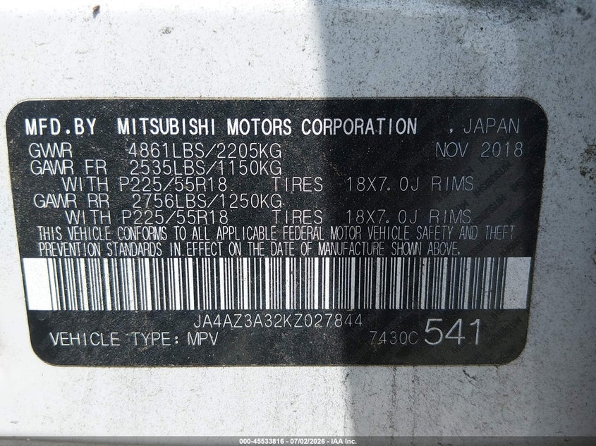 2019 Mitsubishi Outlander VIN JA4AZ3A32KZ027844 IAAI salvage auction — NORMAL WEAR, Clear (Georgia), sold $3,250 on 2026-07-09 (photo 9)