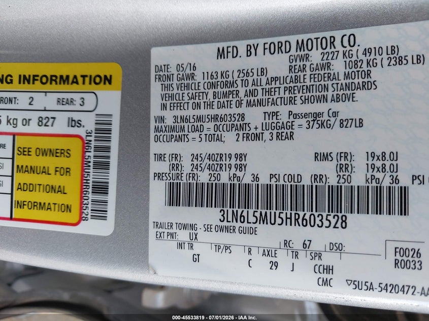 2017 Lincoln Mkz VIN 3LN6L5MU5HR603528 IAAI salvage auction — RIGHT FRONT, Original (Texas), sold $2,800 on 2026-09-03 (photo 9)