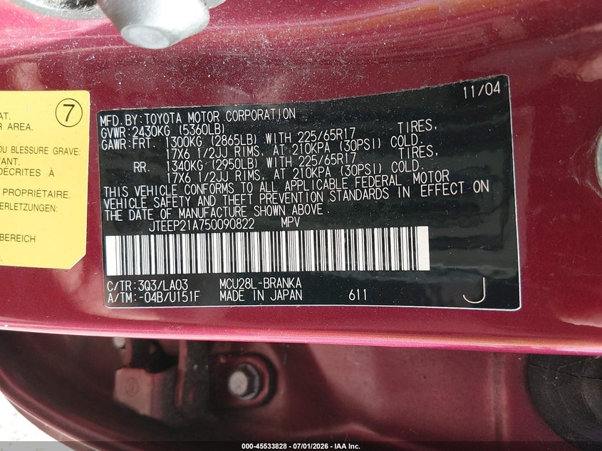 2005 Toyota Highlander VIN JTEEP21A750090822 IAAI salvage auction — NORMAL WEAR, Clear (Virginia), sold $1,175 on 2026-07-08 (photo 9)