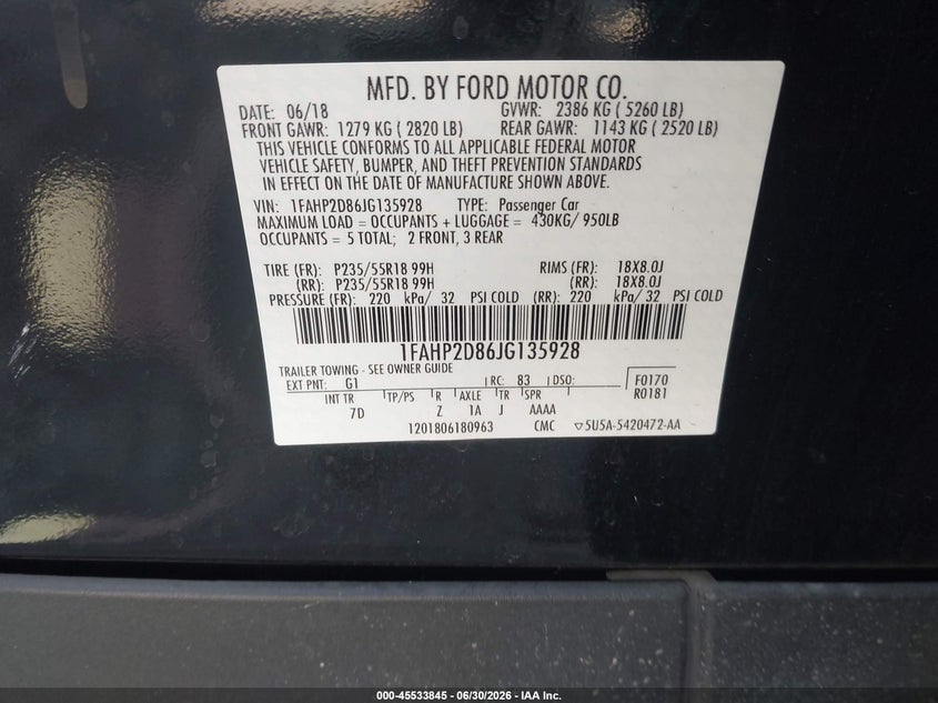 2018 Ford Taurus VIN 1FAHP2D86JG135928 IAAI salvage auction — NORMAL WEAR, SF97 (California), sold $8,450 on 2026-08-25 (photo 9)