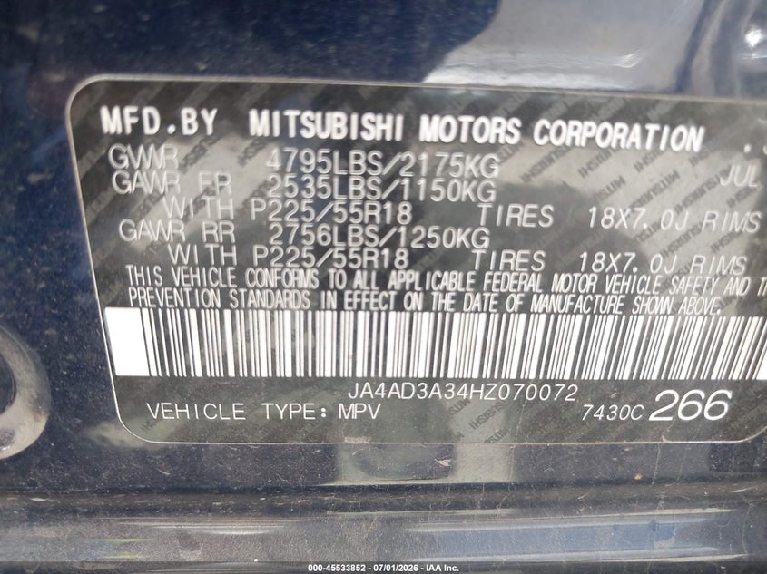 2017 Mitsubishi Outlander VIN JA4AD3A34HZ070072 IAAI salvage auction — RIGHT FRONT, Original (Texas), sold $2,550 on 2026-08-24 (photo 9)
