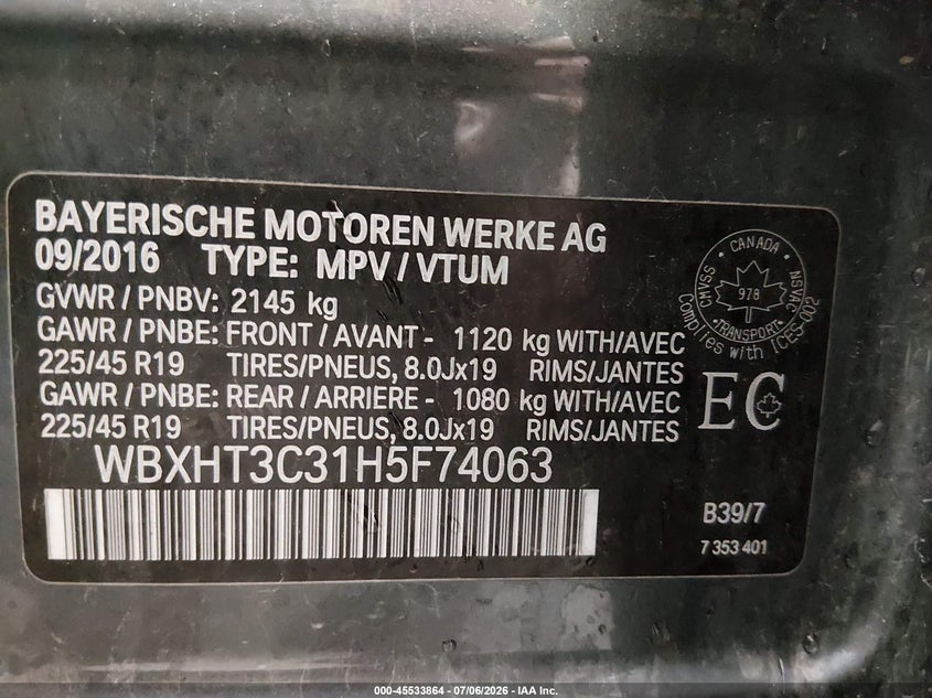 2017 BMW X1 VIN WBXHT3C31H5F74063 IAAI salvage auction — SIDE, Bill Of Sale (Alaska), sold $9,650 on 2026-07-31 (photo 9)