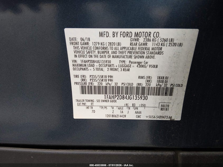 2018 Ford Taurus VIN 1FAHP2D84JG135930 IAAI salvage auction — LEFT & RIGHT, SF97 (California), sold $25 on 2026-09-10 (photo 9)